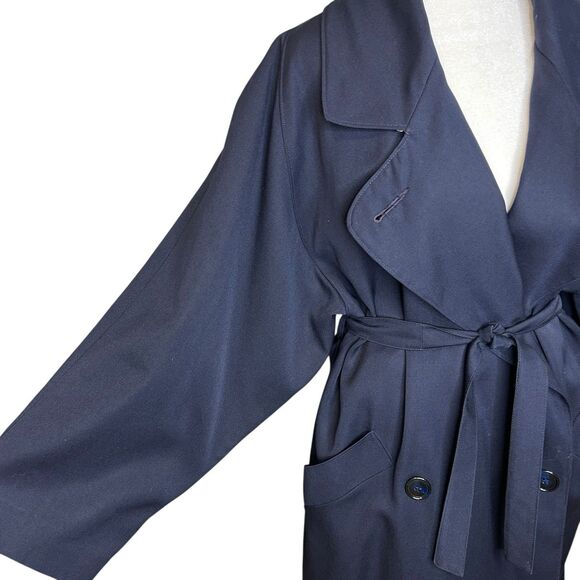 Steve by Searle Trench Coat All Season Wool Navy 6 Dolman Sleeves Midi Length - Picture 2 of 12